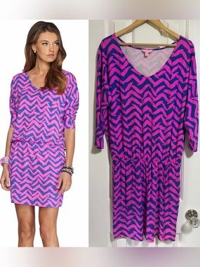 Lilly Pulitzer Cara Dolman sleeve dress got lucky pop pink blue medium